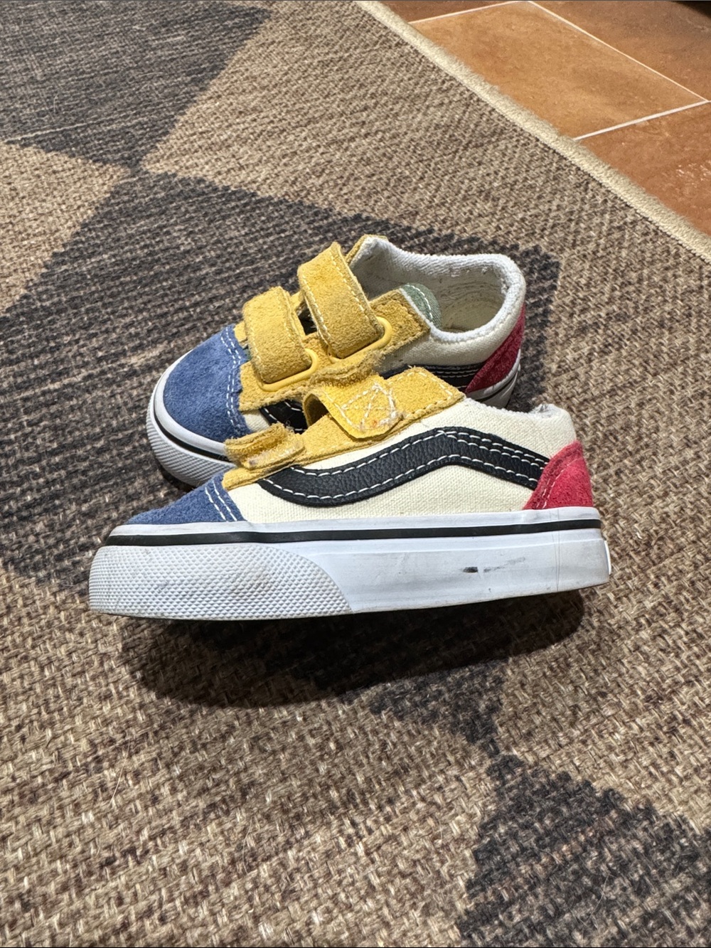 Vans Kids Multi-Panel Velcro Sneakers in Yellow, Blue & Red